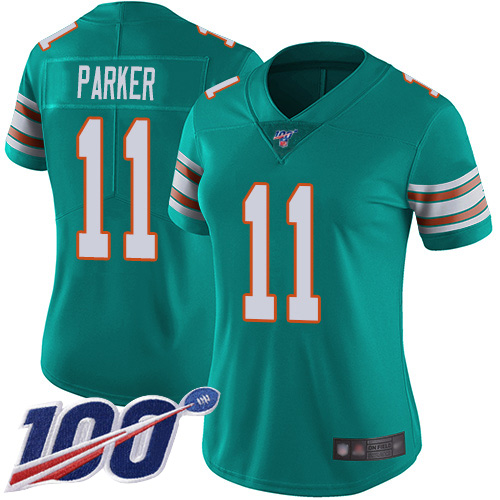 Nike Miami Dolphins 11 DeVante Parker Aqua Green Alternate Women Stitched NFL 100th Season Vapor Limited Jersey